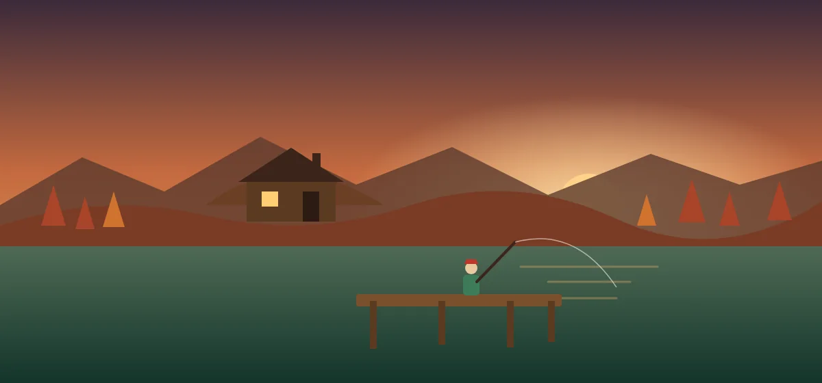 Timber cabin on a hill above an autumn lake with a wooden dock at sunrise
